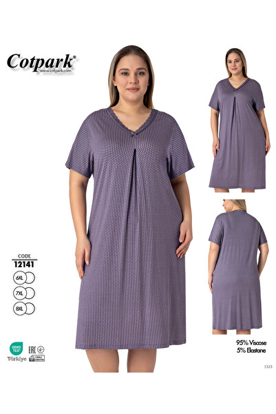 Cotpark Women's Plus Size Patterned V-Neck Short Sleeve Viscose Nightgown 12141
