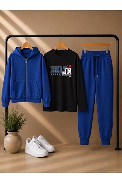 cm buseyiz Busekids Unisex Çocuk Günlük 3’lü Takım Fermuarlı Kapüşonlu Ceket, T-shirt ve Eşofman Altı