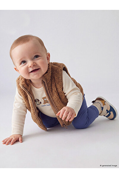 LC Waikiki Rmz Gi̇yi̇m Farkiyla Printed Plush Vest Baby Boy 3-Piece Set