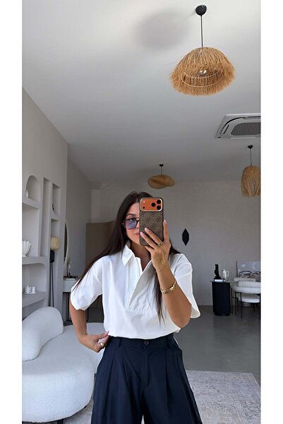 Buket Teke White Crop Zipper Collared Shirt Blouse