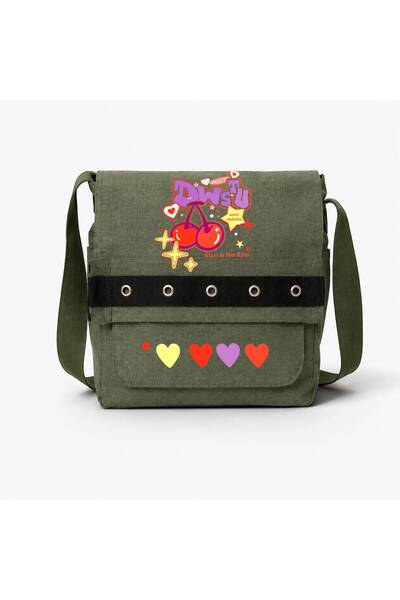 Minga London Khaki Dwstu Cherry Printed Round Eyelet Messenger Bag