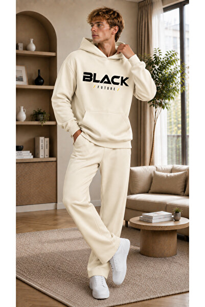 caddekombin Men's Black Future Printed Tracksuit Set / Hooded Sweatshirt with...