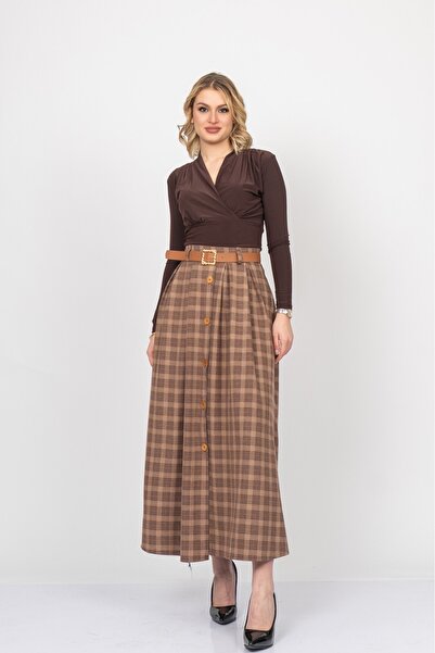 MissVina Fusta țesută în carouri, în carouri, în stil prestige, cu nasturi, c...