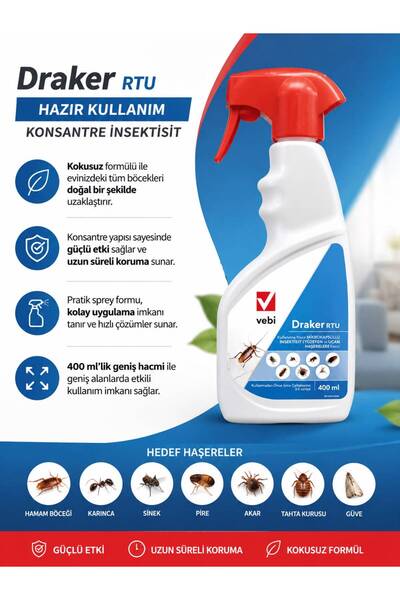 Vebi DRAKER RTU 400ML SPREY - Hamamböceği, Karınca, Haşere Kullanıma Hazır (M...
