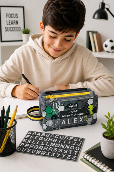 Skylar Premium Triple Pencil Case for Boys, Football Pattern, Customizable wi...