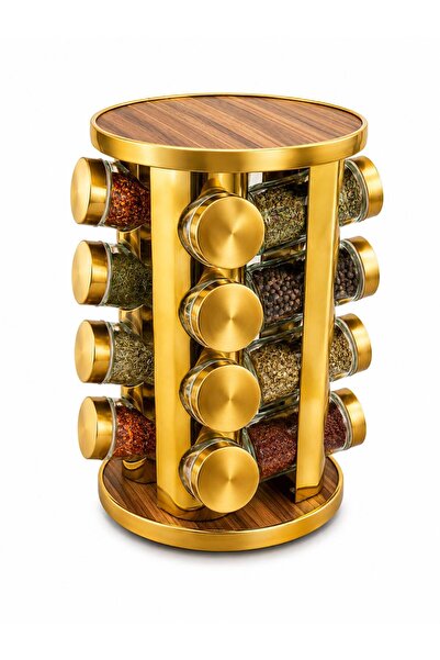 ZÜRİH COLLECTİON Dönerli Oval Cam Ahşap Gold Çelik Kavanoz Baharatlık Seti 16...