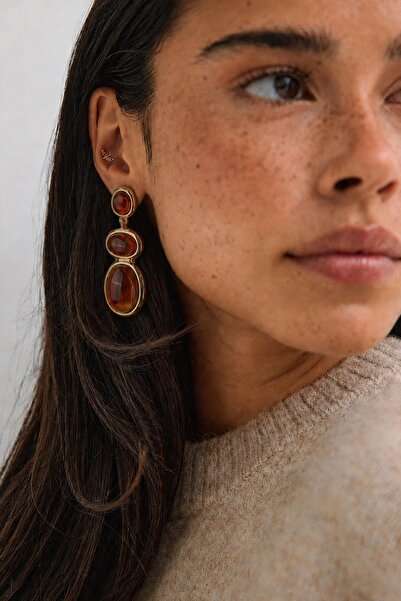 New Obsessions Oval Kehribar Taş Sıralı Küpe