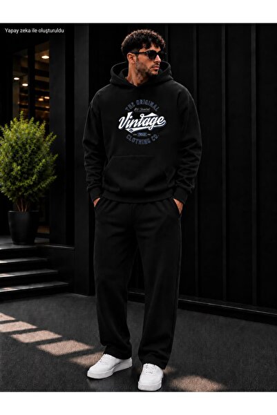 caddekombin Men's the Original Vintage Printed Tracksuit Set / Hooded Kangaro...