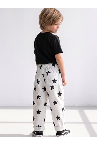 Catz Kids Erkek Çocuk İkili Takım Ekru Siyah Yıldızlı Carrot Pantolon + Siyah Penye T-Shirt