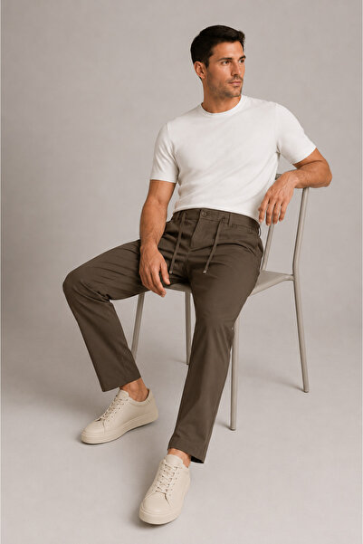 Danger Men's Elastic Waist Comfort Fit Trousers Khaki 0170Ddngr
