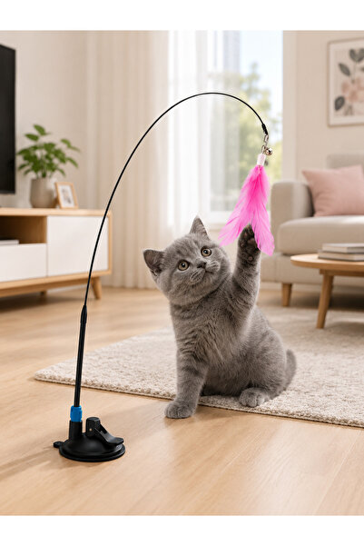 HAYHAYPETSHOP Kedi Oltası Oyuncağı Vantuzlu Tüylü Çıngıraklı Esnek Yaylı İnte...