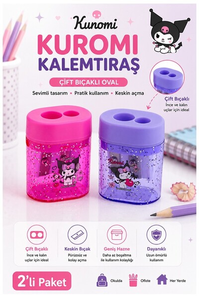 Artlantis Kuromi Oval Kalemtraş 2 Li 590161 Kuromi Figürlü Hazneli Çift Bıçak...