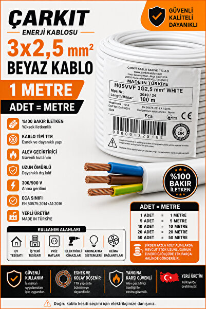 çarkıt kablo Çarkıt 3x2,5 mm² Enerji Kablosu Beyaz – 1 Metre