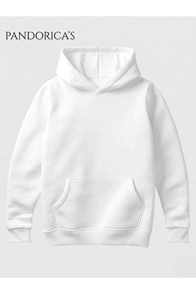PANDORICA Unisex White Hooded Sweatshirt with Kangaroo Pocket Basic Hoodie