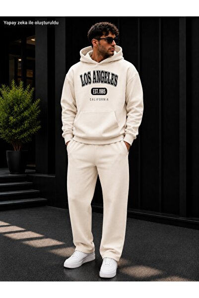 caddekombin Men's Los Angeles Est 1985 Printed Tracksuit Set / Hooded Kangaro...