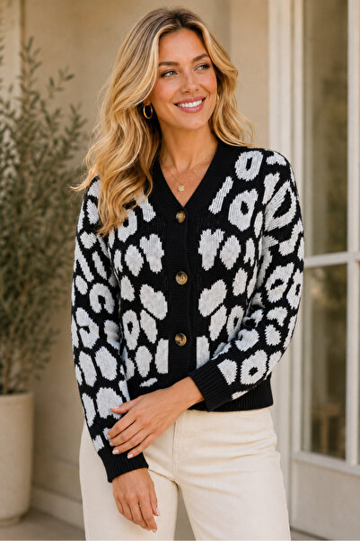 AQE FASHION Women's Long Sleeve V-Neck Leopard Pattern Buttoned Casual Stylis...