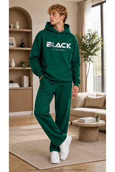 caddekombin Men's Black Future Printed Tracksuit Set / Hooded Sweatshirt with...