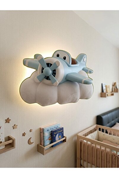 HANDDMADE Dokunmatik Şarjlı Bulutta Uçan Mavi Uçak Şarjlı Çocuk Odası LED Gec...