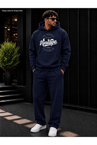 caddekombin Men's the Original Vintage Printed Tracksuit Set / Hooded Kangaro...