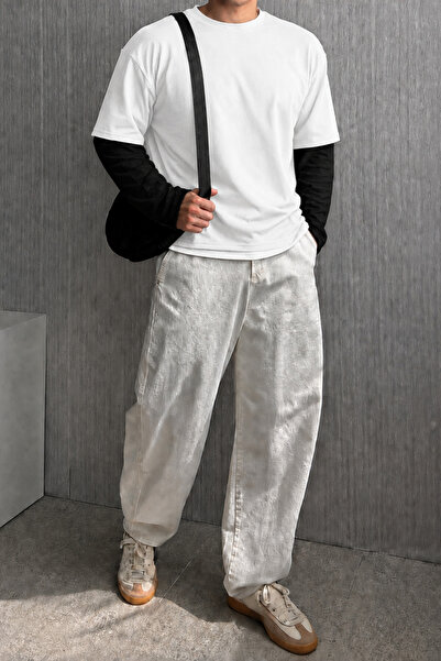 Tarz Cool Men's White Black Layered Crew Neck 100% Cotton Oversize T-Shirt