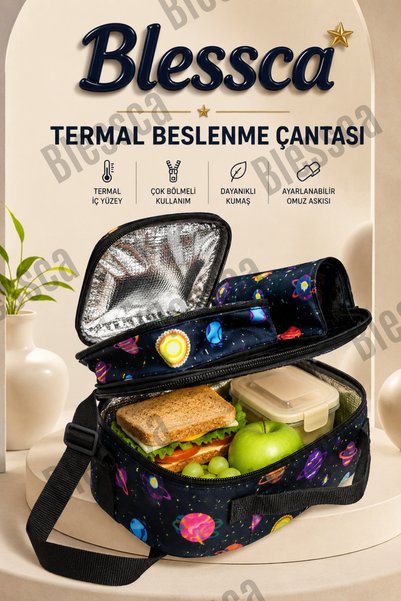 Blessca Beslenme Çantası Termal Isı Yalıtımlı Kız Erkek Çocuk Okul Yemek Çanta Termoslu Anaokulu Suluklu Bölmeli Soğuk Sıcak