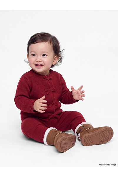 LC Waikiki Lcw Baby Burgundy Bow Detailed Baby Girl Knitwear Set