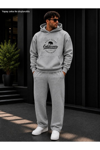 caddekombin Men's California West Coast Bear Printed Tracksuit Set / Hooded K...