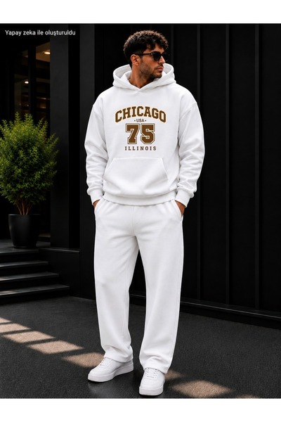 caddekombin Men's Chicago 75 Printed Tracksuit Set / Hooded Sweatshirt with K...