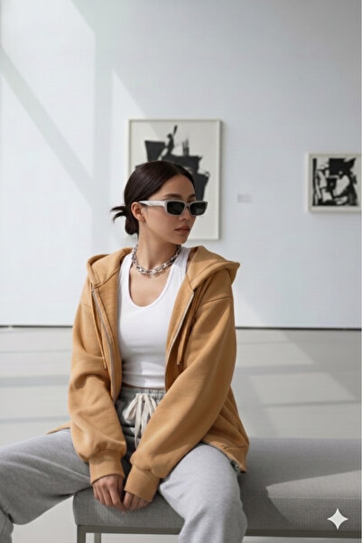 stg spor toptan giyim Women's Camel Full Zip Hooded Cardigan