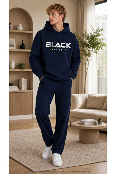 caddekombin Men's Black Future Printed Tracksuit Set / Hooded Sweatshirt with...