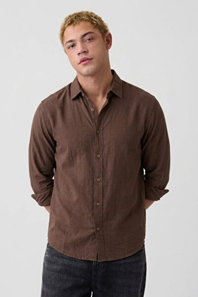 COMBİNE MİCHAİL Men's Long Sleeve Comfortable Brown Muslin Shirt