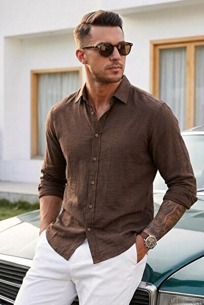 COMBİNE MİCHAİL Men's Straight Woven Trend Coffee Shirt