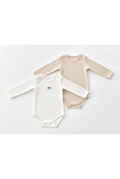 Caramell 0-9 Months Basic Double Long Sleeve Zippered Bodysuit - Ecru