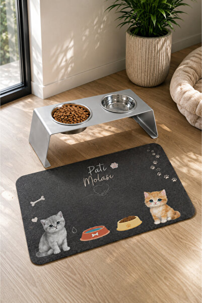 BERT Alüminyum Renk Yükseltilmiş İkili Kedi Mama ve Su Kabı Standı + Kedili P...
