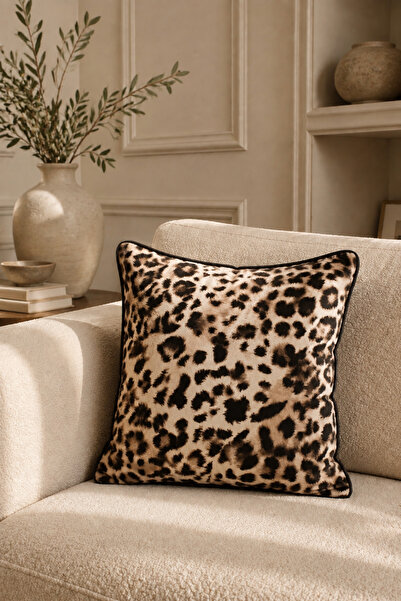 Leoparlı Kadife Kırlent Kılıfı (45x45), Siyah Fitilli Gizli Fermuarlı Leopar Kadife Yastık Kılıfı