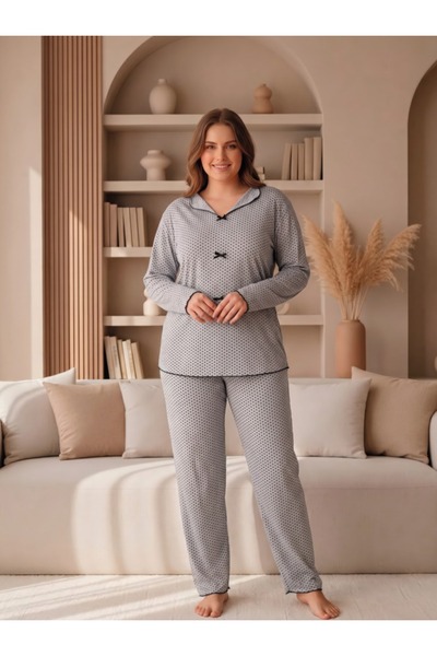 LİLA İÇ GİYİM Battal Viscose Collared Bowknot Long Sleeve Pajama Set