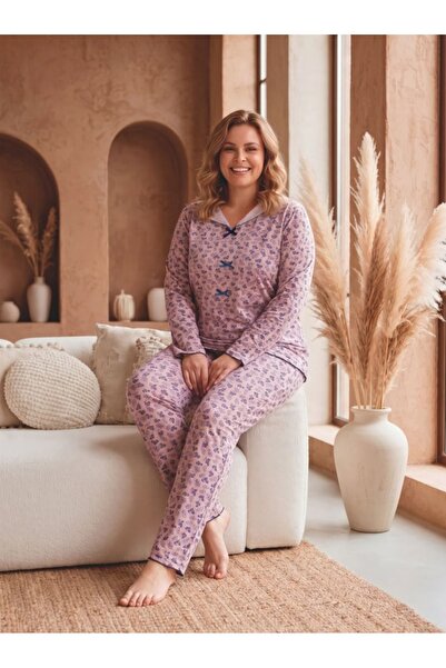 LİLA İÇ GİYİM Battal Viscose Collared Bowknot Long Sleeve Pajama Set