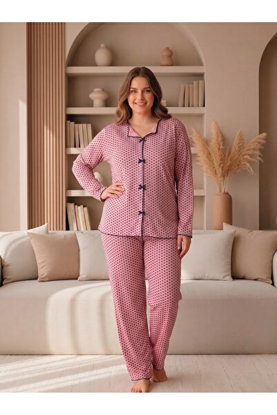 LİLA İÇ GİYİM Battal Viscose Collared Bowknot Long Sleeve Pajama Set