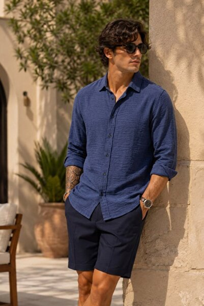 COMBİNE MİCHAİL Men's Polo Collar Loose Fit Navy Blue Muslin Shirt