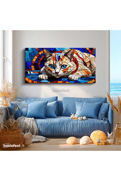 Tablofest Yatay Panoramik Kanvas Tablo Vitray Desenli Kedi Hayvan Tablosu Ev ...