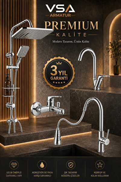 VSA 4 Parça Premium Banyo Seti – Robot Duş Sistemi, Banyo Bataryası, Lavabo B...