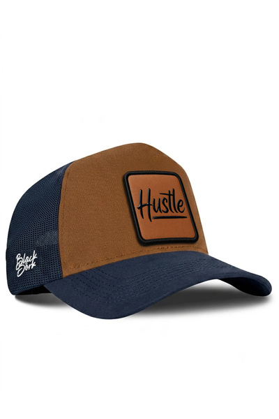 BlackBörk Hustle Logo Navy Blue-Camel Trucker Hat