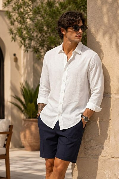 COMBİNE MİCHAİL Men's Polo Collar Loose White Muslin Shirt