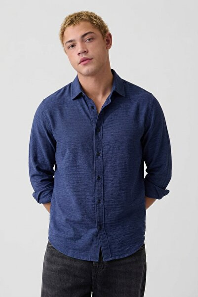 COMBİNE MİCHAİL Men's Long Sleeve Comfortable Navy Blue Muslin Shirt