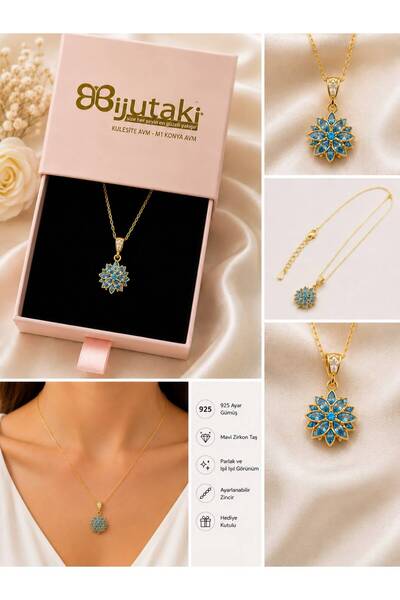 Gümüş Gold Mavi Çiçek Figürlü Kolye 925 Ayar