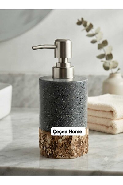 ÇEÇEN HOME Gray Granite Effect Wood Textured Ceramic Liquid Soap Dispenser wi...