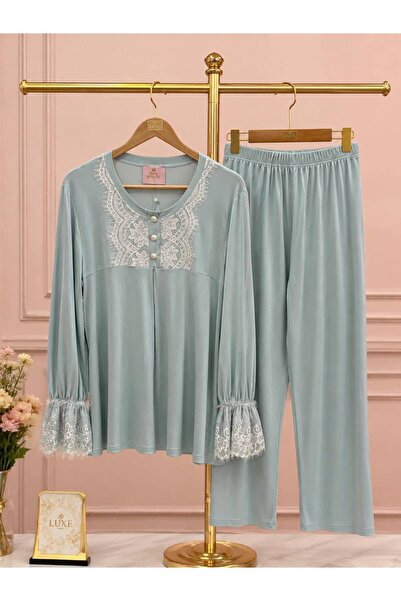 NoaLoungwear Yuvarlak Yaka Düğmeli Viskon Dantel detaylı Kadın Pijama Takımı