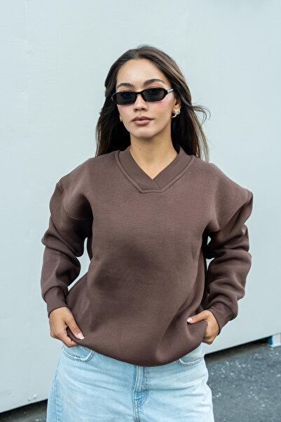 Merci Women's Brown V-Neck Oversize Sweatshirt (80% Cotton)