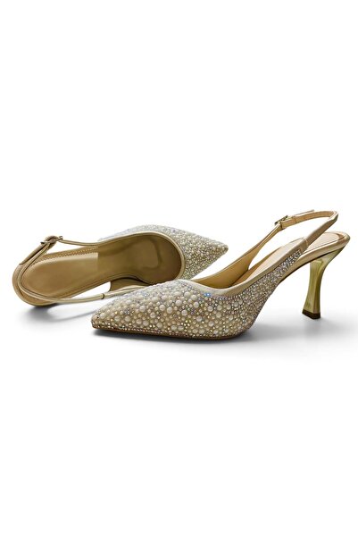 Genel Markalar KREM METALİK İNCE VE TAŞLI ABİYE SLINGBACK TOPUKLU AYAKKABI