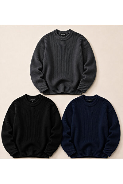 DepoExport Women's 3-Piece Crew Neck Oversize Knitwear Sweater Soft Knitted S...
